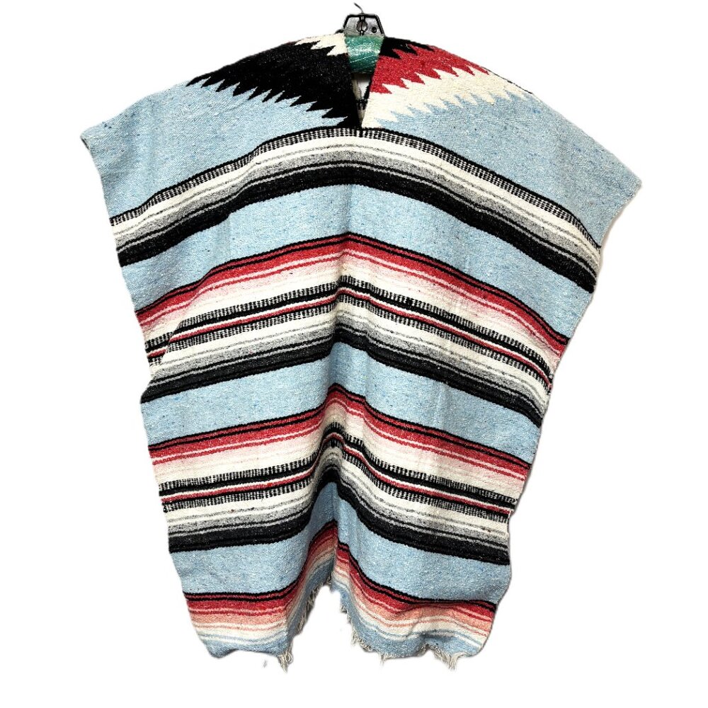 Vtg 90’s Mexican Traditional Blue White Black Stripe Blanket Serape Poncho